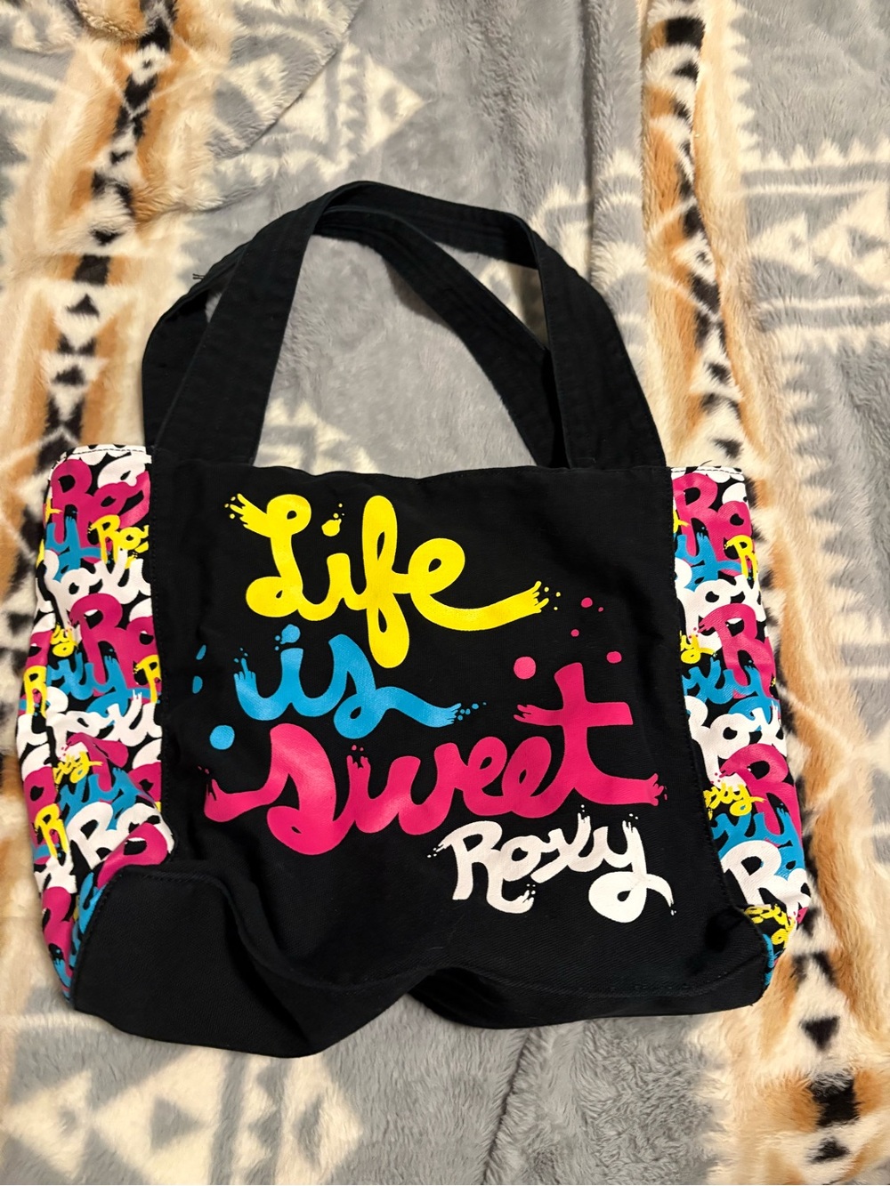 Roxy Black Tote with Pink, Yellow & Blue Graphic